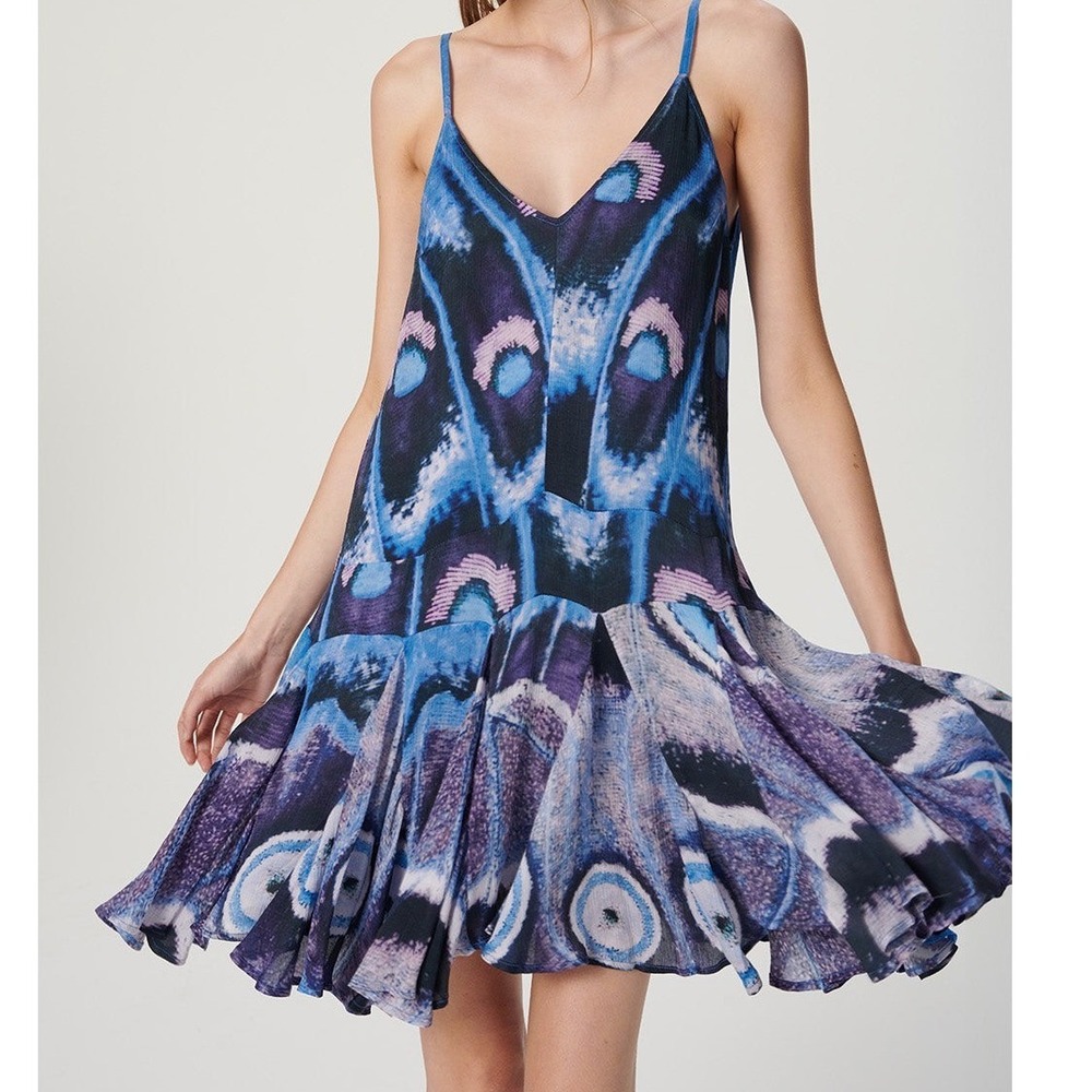 Chufy Iris Mini Dress Petal Skin Blue Butterfly Print Cupro XS Vegan Silk Boho - Picture 2 of 11